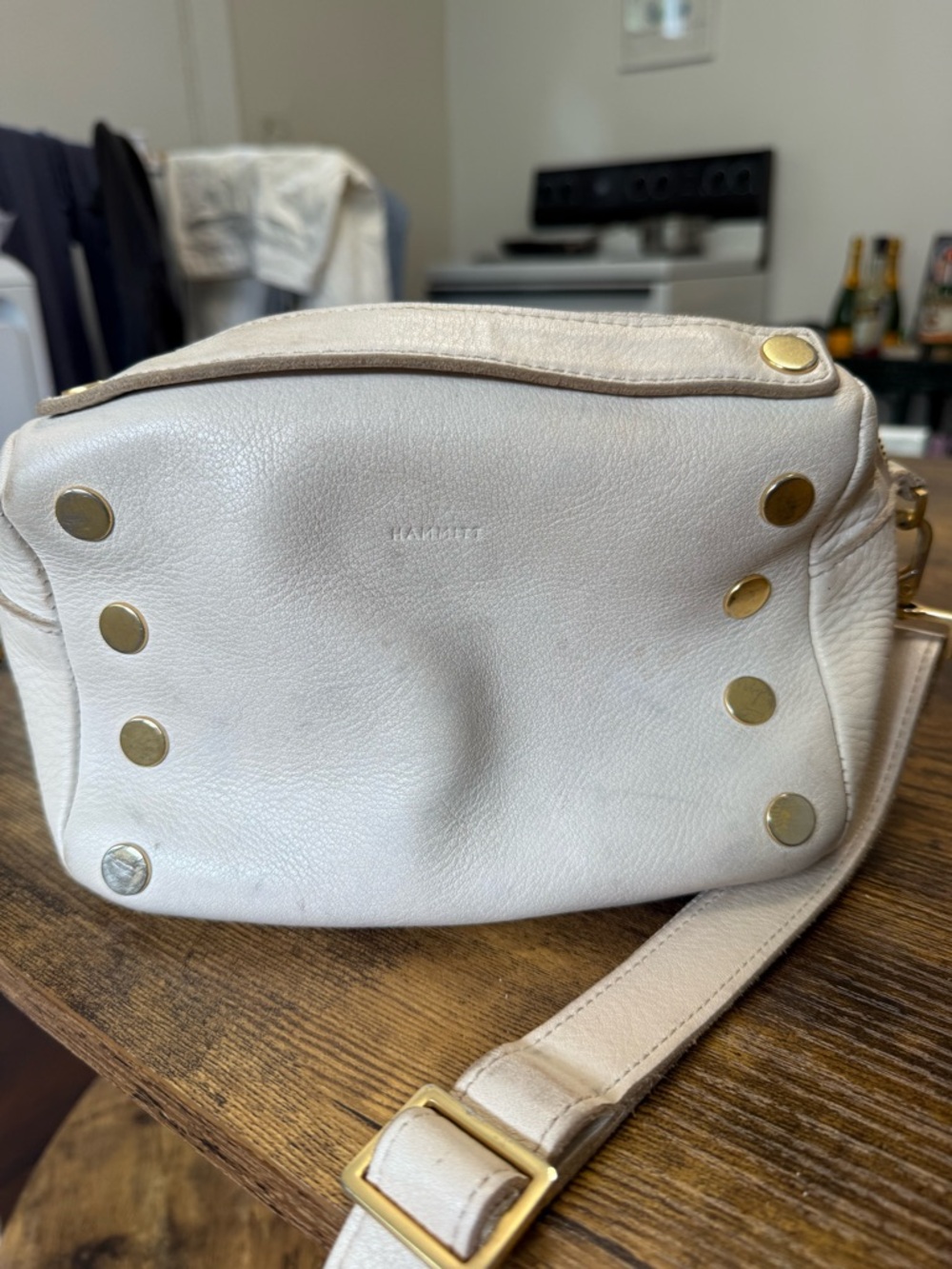 Hammitt Cream Leather Crossbody with Gold Studs